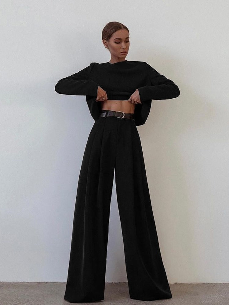 Women’s Palazzo Set – Wide-Leg Pleated Trousers – Cropped Long Sleeve Top – Tailored Fit