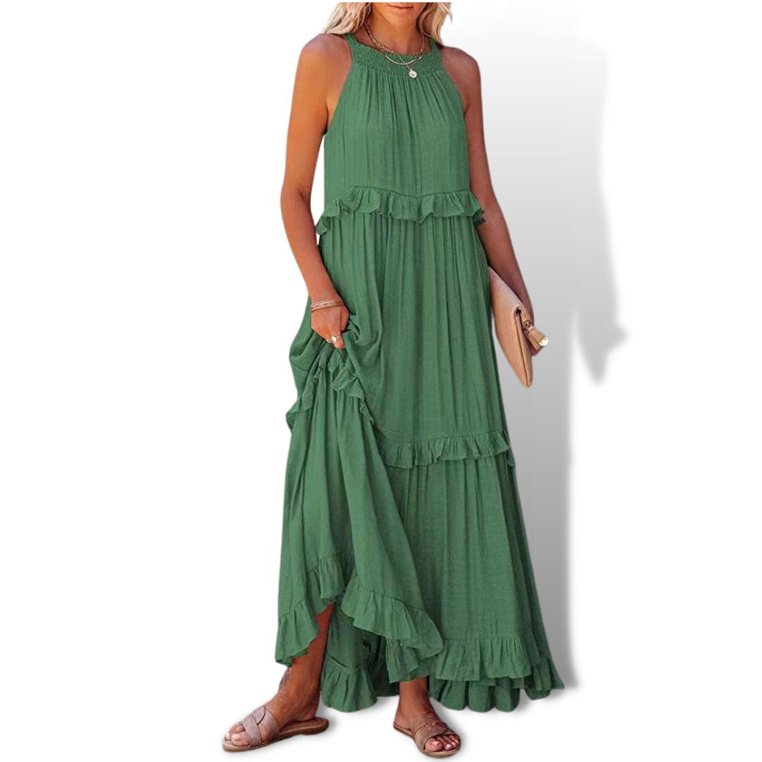Women’s Maxi Dress – Relaxed Fit – Halter Neck – Ruffle Detail – Natural Fibers