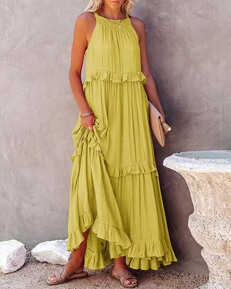 Women's Maxi Dress - Sleeveless High-Low Hem - Ruffled Layers - Flowy & Breathable