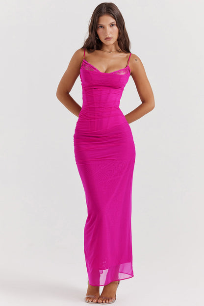 Women’s Maxi Dress – Fitted Silhouette – Lightweight Chiffon – Spaghetti Straps