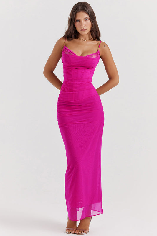 Women’s Maxi Dress – Fitted Silhouette – Lightweight Chiffon – Spaghetti Straps