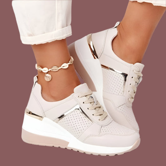 Women’s Sneaker – Platform Sole – Breathable Perforated Upper – Metallic Accents