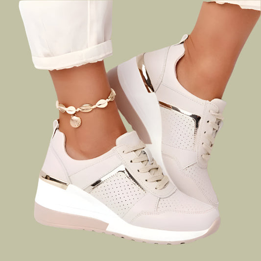 Women’s Wedge Sneakers – Synthetic Leather – Perforated Sides – Metallic Detail – Lace-Up