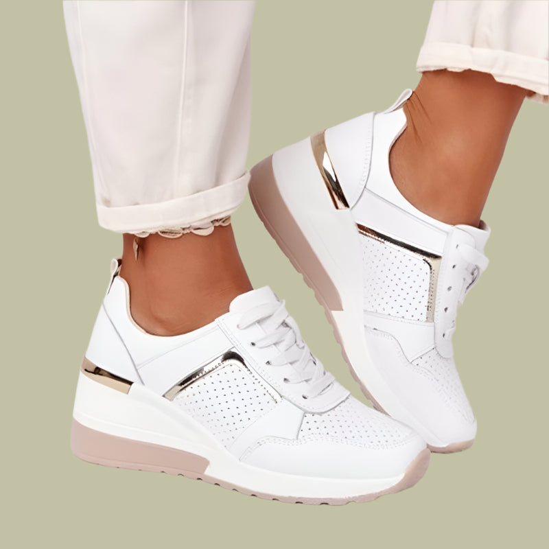 Women’s Wedge Sneakers – Synthetic Leather – Perforated Sides – Metallic Detail – Lace-Up