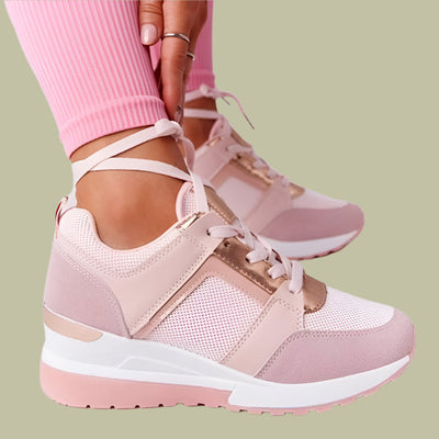 Women’s Wedge Sneakers – Synthetic Leather – Perforated Sides – Metallic Detail – Lace-Up