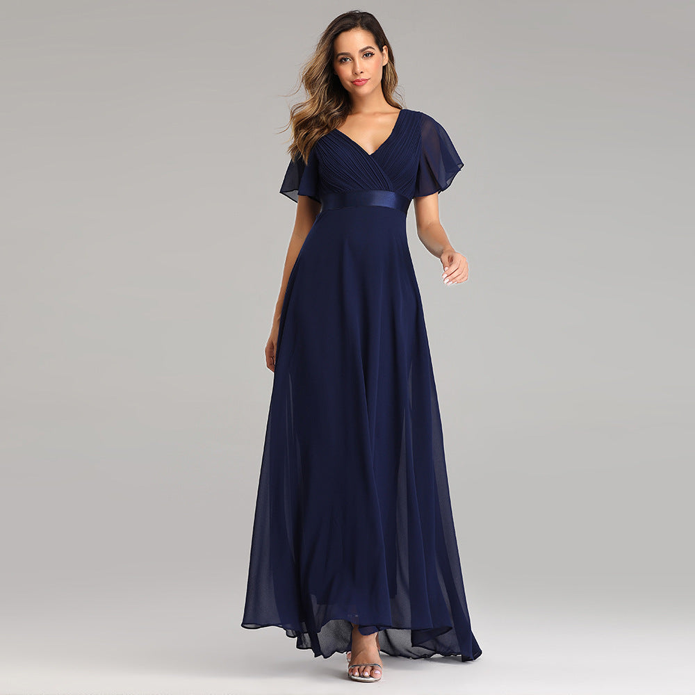 Women's Evening Gown - V-Neck with Flutter Sleeves - Flowing Maxi Length