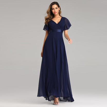 Women's Evening Gown - V-Neck with Flutter Sleeves - Flowing Maxi Length