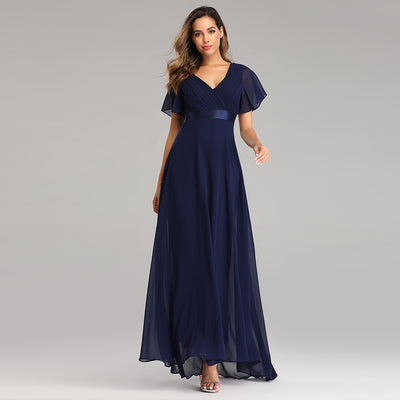 Women's Evening Gown - V-Neck with Flutter Sleeves - Flowing Maxi Length