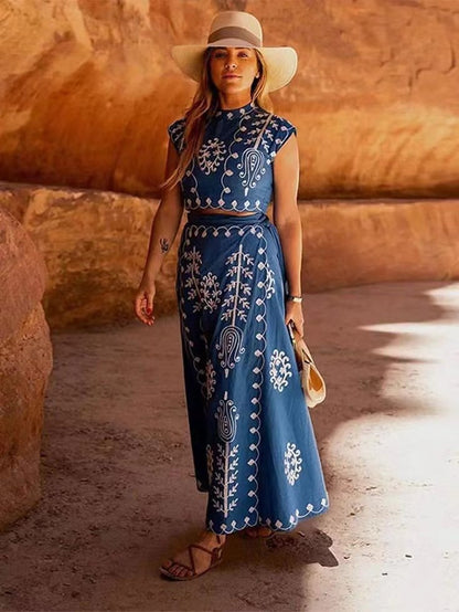 Women’s Two-Piece Set – Sleeveless Crop Top & Wrap Midi Skirt – Cotton Linen Blend