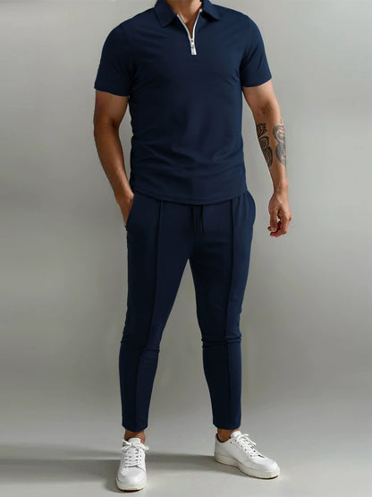 Men's Polo Shirt & Track Trousers - Zip Neck - Short Sleeve - Elastic Waist - Casual Fit