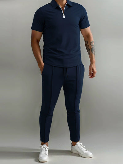 Men's Polo Shirt & Track Trousers - Zip Neck - Short Sleeve - Elastic Waist - Casual Fit