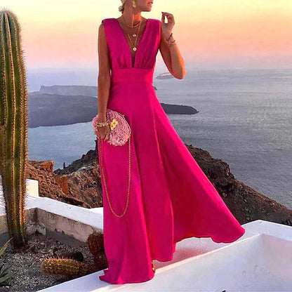 Women’s Maxi Dress – Flowy Fit – Sleeveless – Deep V-Neck – Bold Floral Print – Breathable Blend