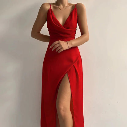 Deep V-Neck Ruched Slit Dress