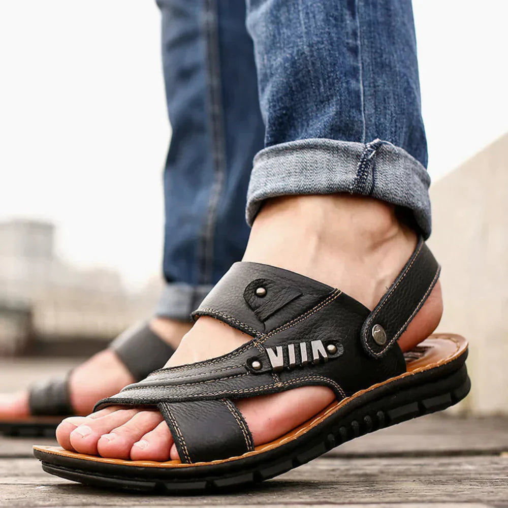 Men’s Leather Sandals – Open-Toe – Cushioned Sole – Adjustable Straps – Casual Wear