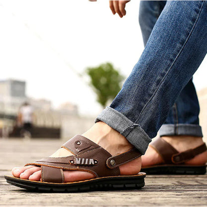 Men’s Leather Sandals – Open-Toe – Cushioned Sole – Adjustable Straps – Casual Wear