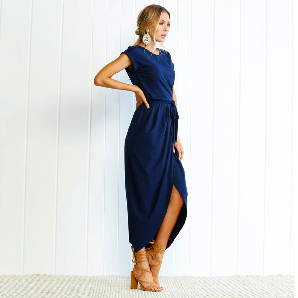 Women's Maxi Dress - Wrap Design - High Slit - Short Sleeve - Belted Waist