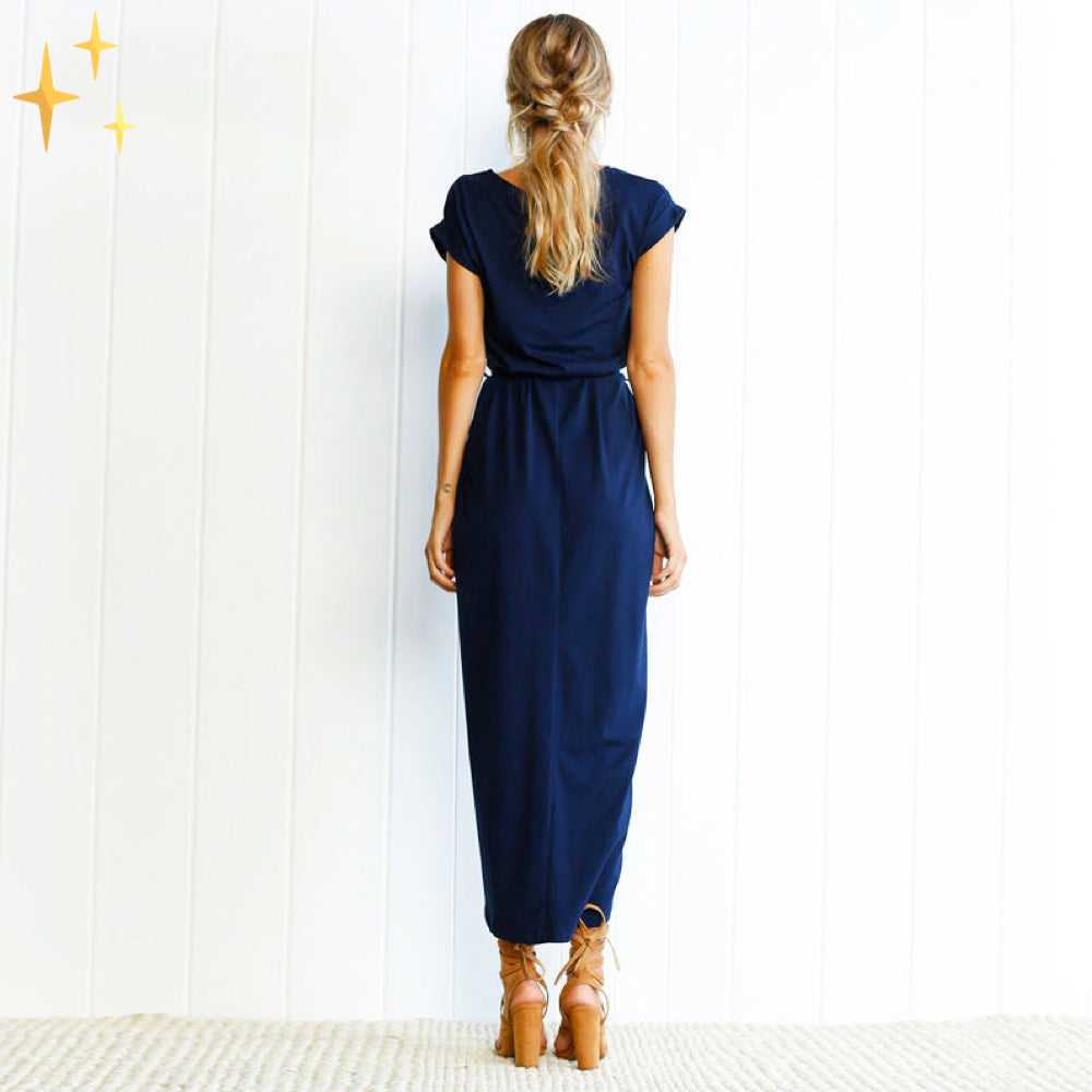 Women's Maxi Dress - Wrap Design - High Slit - Short Sleeve - Belted Waist