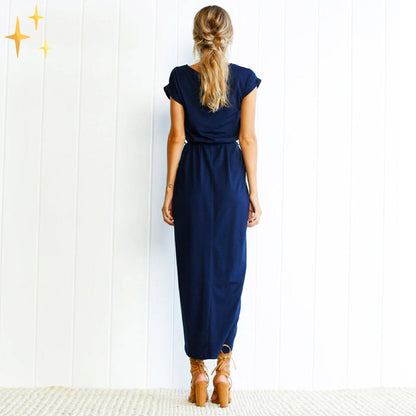 Women's Maxi Dress - Wrap Design - High Slit - Short Sleeve - Belted Waist