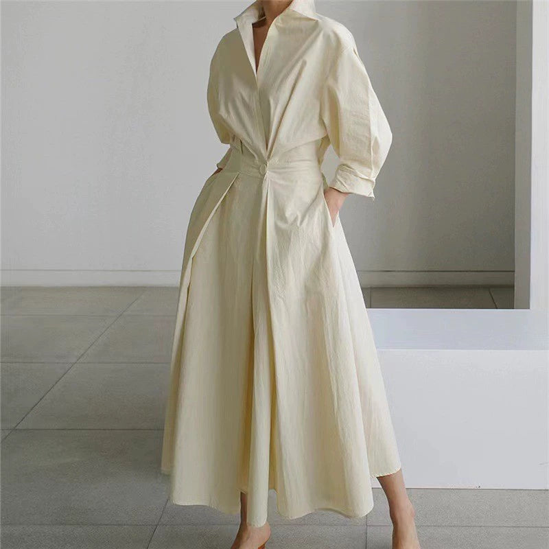 Women’s Shirt Dress – Button Front – Cinched Waist – A-Line Fit – Long Sleeve – Pockets
