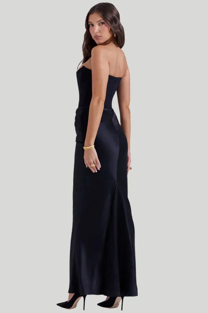 Women’s Maxi Dress – Strapless Draped Fit – Satin-Like Fabric – Formal Evening Wear