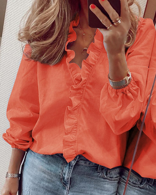 Women's Blouse - Ruffled Neckline - Tailored Fit - Three-Quarter Sleeves - Lightweight Fabric