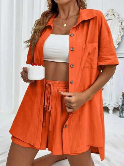Women's Casual Two-Piece Set: Breathable Short Sleeve Blouse & Drawstring Shorts Outfit