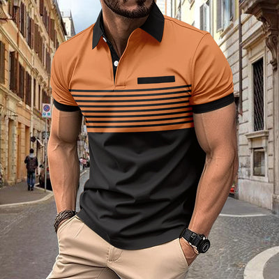 Men's Polo Shirt - Slim Fit - Short Sleeve - Striped Chest Design - Button Placket