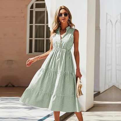 Women's Sleeveless Button-Down Dress - Tiered A-Line Fit - Collared Neckline