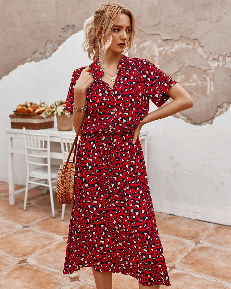 Women’s Midi Dress – Relaxed Fit – Button Front – Short Sleeve – Breathable Blend