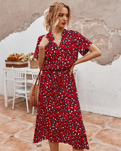 Women’s Midi Dress – Relaxed Fit – Button Front – Short Sleeve – Breathable Blend