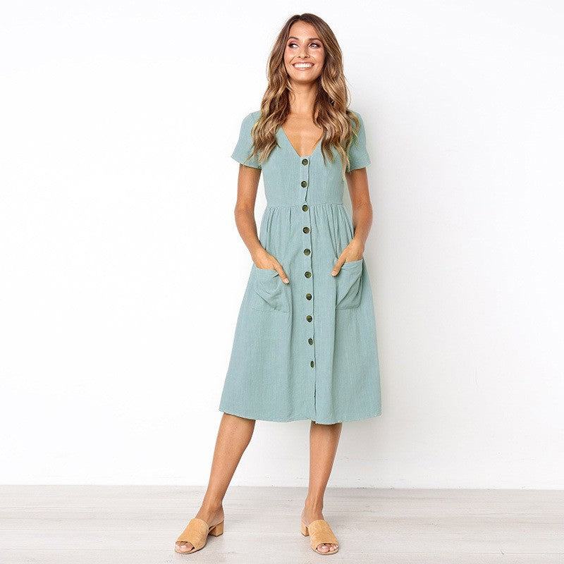 Women's Midi Dress - V-Neck Button Down - Short Sleeve Casual Fit