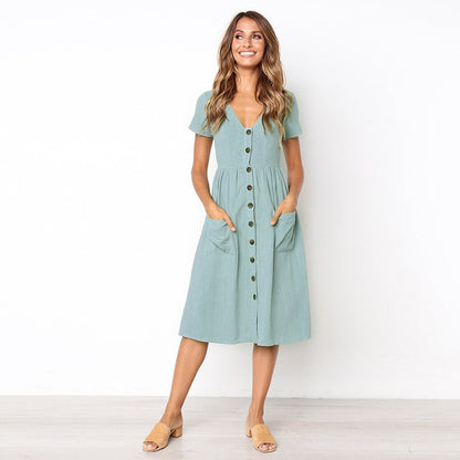Women's Midi Dress - V-Neck Button Down - Short Sleeve Casual Fit
