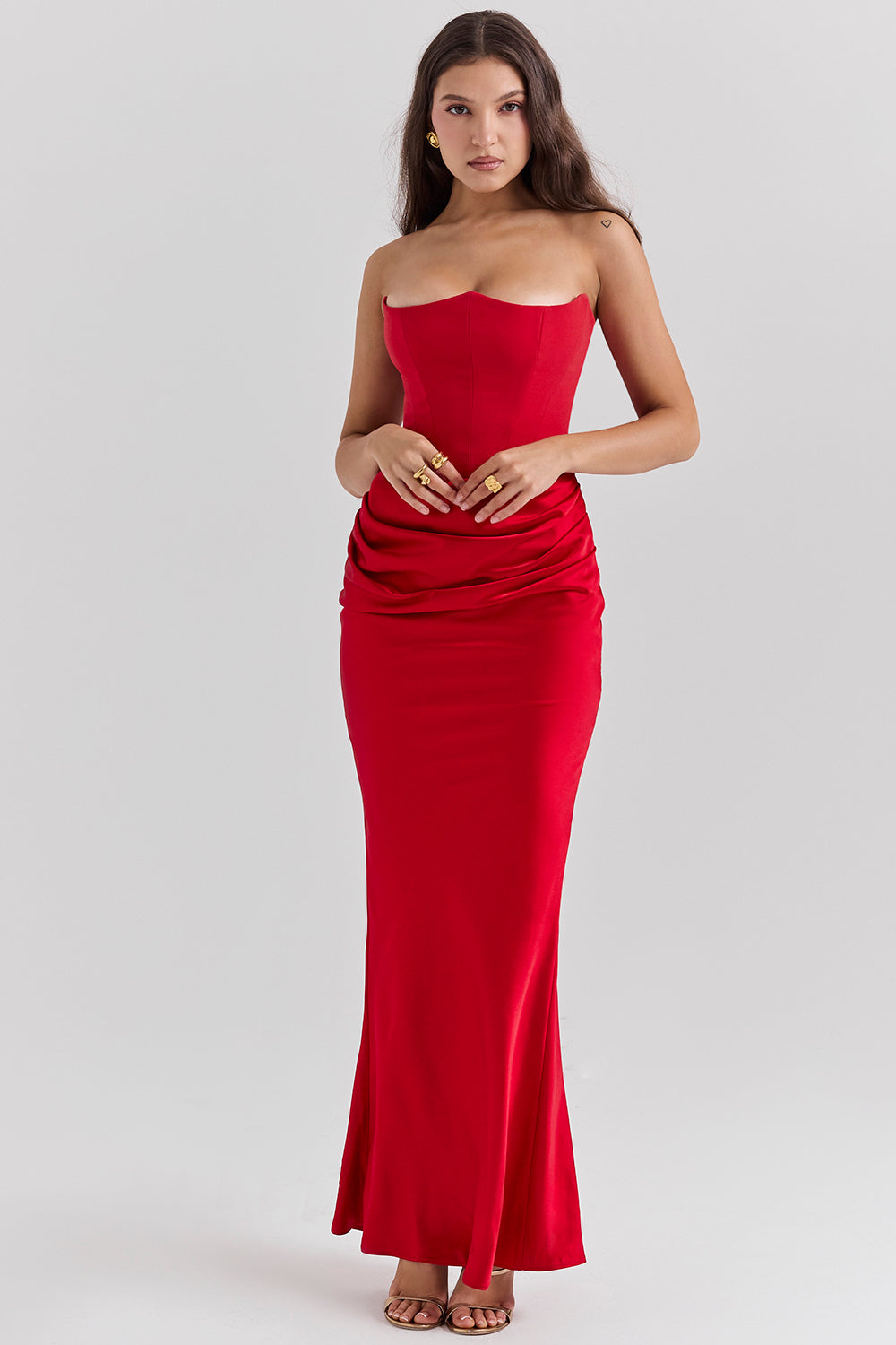Women’s Maxi Dress – Strapless Satin – Corset Bodice – Slim Fit Formal Wear