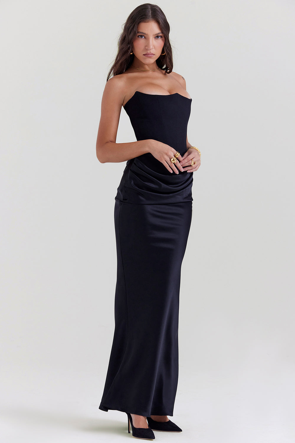Women’s Maxi Dress – Strapless Satin – Corset Bodice – Slim Fit Formal Wear