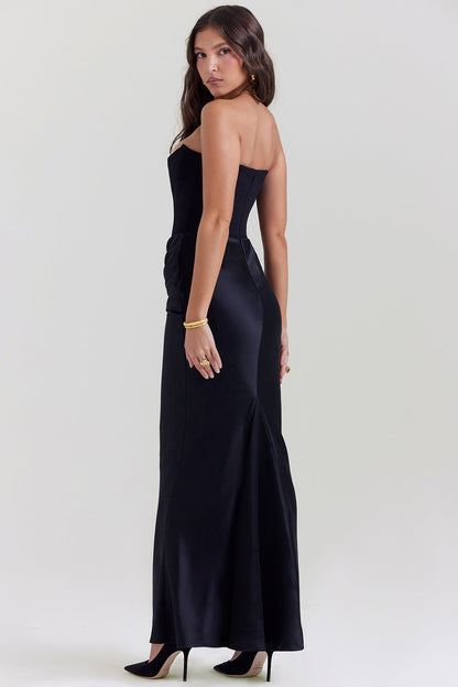 Women’s Maxi Dress – Strapless Satin – Corset Bodice – Slim Fit Formal Wear