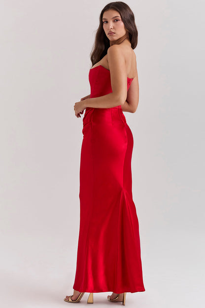 Women’s Maxi Dress – Strapless Satin – Corset Bodice – Slim Fit Formal Wear
