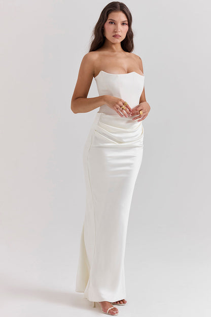 Women’s Maxi Dress – Strapless Satin – Corset Bodice – Slim Fit Formal Wear