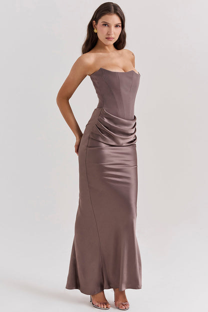 Women’s Maxi Dress – Strapless Satin – Corset Bodice – Slim Fit Formal Wear