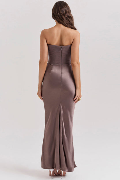 Women’s Maxi Dress – Strapless Satin – Corset Bodice – Slim Fit Formal Wear