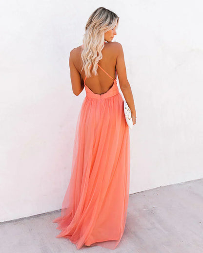 Women’s Long Dress – V-Neck – Chiffon Feel – Spaghetti Straps – Flowing Fit