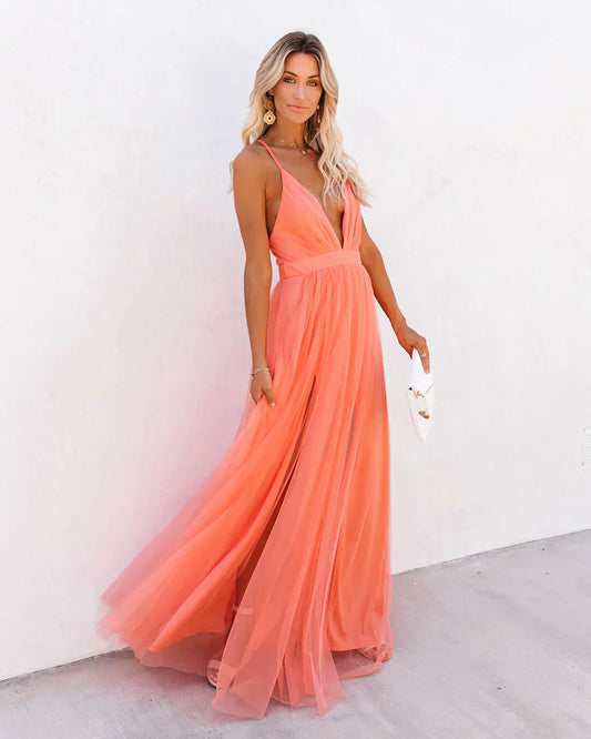 Women’s Long Dress – V-Neck – Chiffon Feel – Spaghetti Straps – Flowing Fit