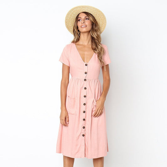 Women's Midi Dress - V-Neck Button Down - Short Sleeve Casual Fit
