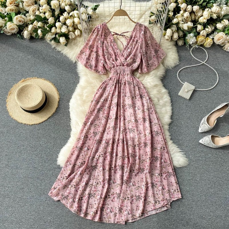 Women's Maxi Dress - V-Neck Shirred Waist - Short Flowing Sleeves - Elegant Fit