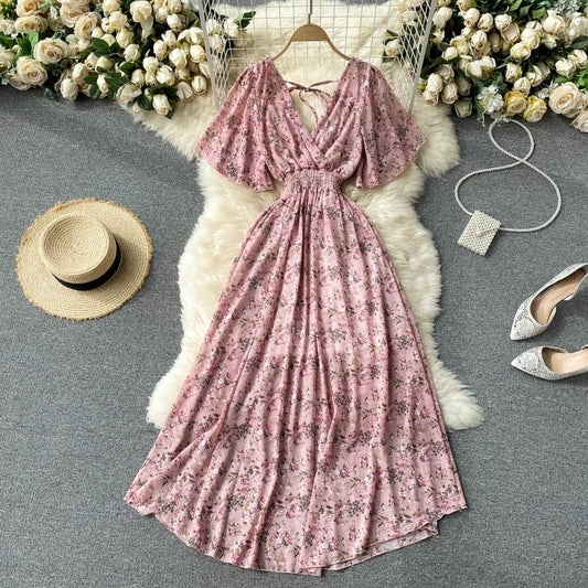 Women's Maxi Dress - V-Neck Shirred Waist - Short Flowing Sleeves - Elegant Fit