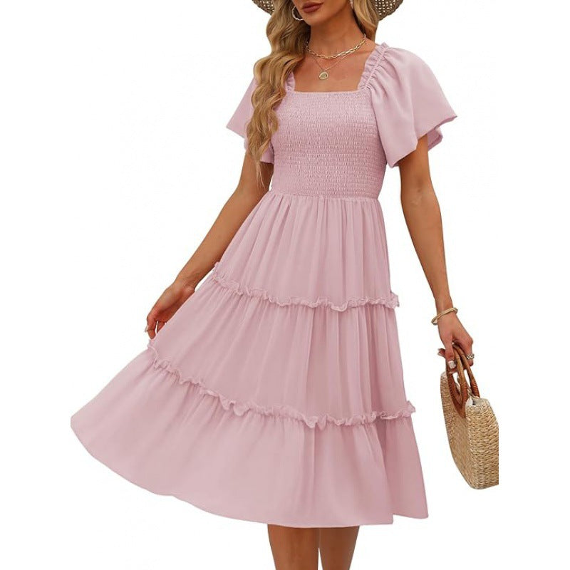 Women's Midi Dress - Smocked Bodice - Ruffled Hem - Lightweight Elegant Fit