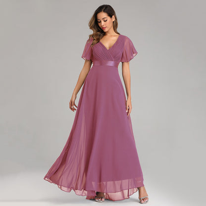 Women's Evening Gown - V-Neck with Flutter Sleeves - Flowing Maxi Length