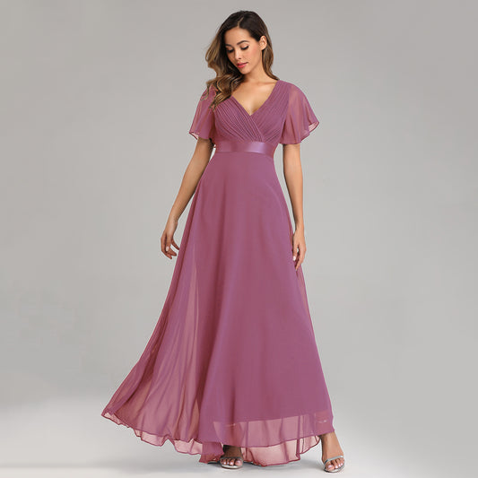 Women's Evening Gown - V-Neck with Flutter Sleeves - Flowing Maxi Length