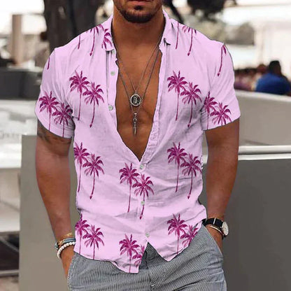 Men’s Short Sleeve Shirt – Relaxed Fit – Button-Down – Tropical Print – Natural Fibers