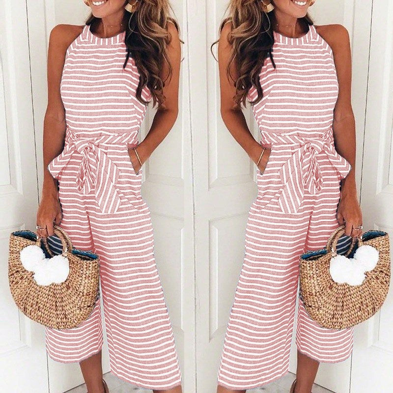 Women's Jumpsuit – Sleeveless Striped Design – Waist Tie – Wide Leg
