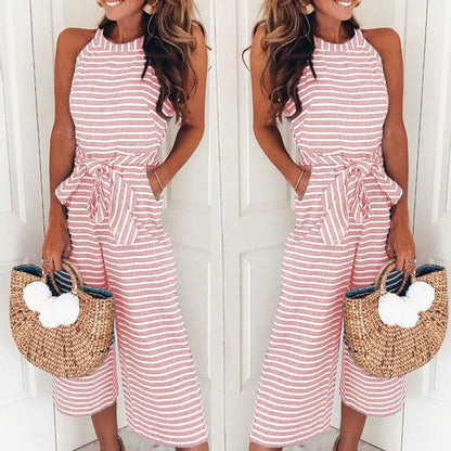 Women's Jumpsuit – Sleeveless Striped Design – Waist Tie – Wide Leg